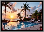 Basen, Palmy, Morze, Zachód słońca, Grafika AI