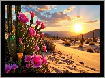 Kaktus, Kwiaty, Pustynia, Zachód słońca, Grafika AI