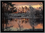 Jezioro, Dom, Las, Drzewa, Trawy, Rośliny, Zachód słońca, Arvika, Varmland, Szwecja