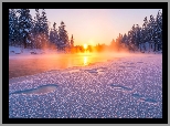 Zima, Wschód słońca, Zaśnieżona, Rzeka, Ośnieżone, Drzewa