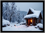 Drewniana, Chata, Dom, Zima, Drzewa, Grafika AI