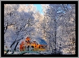 Zima, Drzewa, Dom, Mostek
