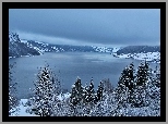 Zima Jezioro, Góry, Drzewa, Jolstravatnet, Norwegia