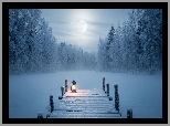 Zima, Pomost, Latarnia, Zaśnieżone, Jezioro, Ośnieżone, Drzewa, Śnieg, Mgła, Księżyc