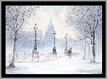 Obraz, Zima, Śnieg, Zakochani, Drzewa, Zabytki, Lampy