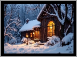 Zima, Las, Drzewa, Krzewy, Noc, Dom, Światła, Latarnie, Śnieg, AI