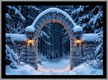 Zima, Murowana, Brama, Łuk, Dwa, Lampiony, Śnieg, Ośnieżone, Drzewa