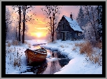 Zima, Dom, Rzeka, Łódź, Śnieg, Drzewa, Zachód słońca, AI