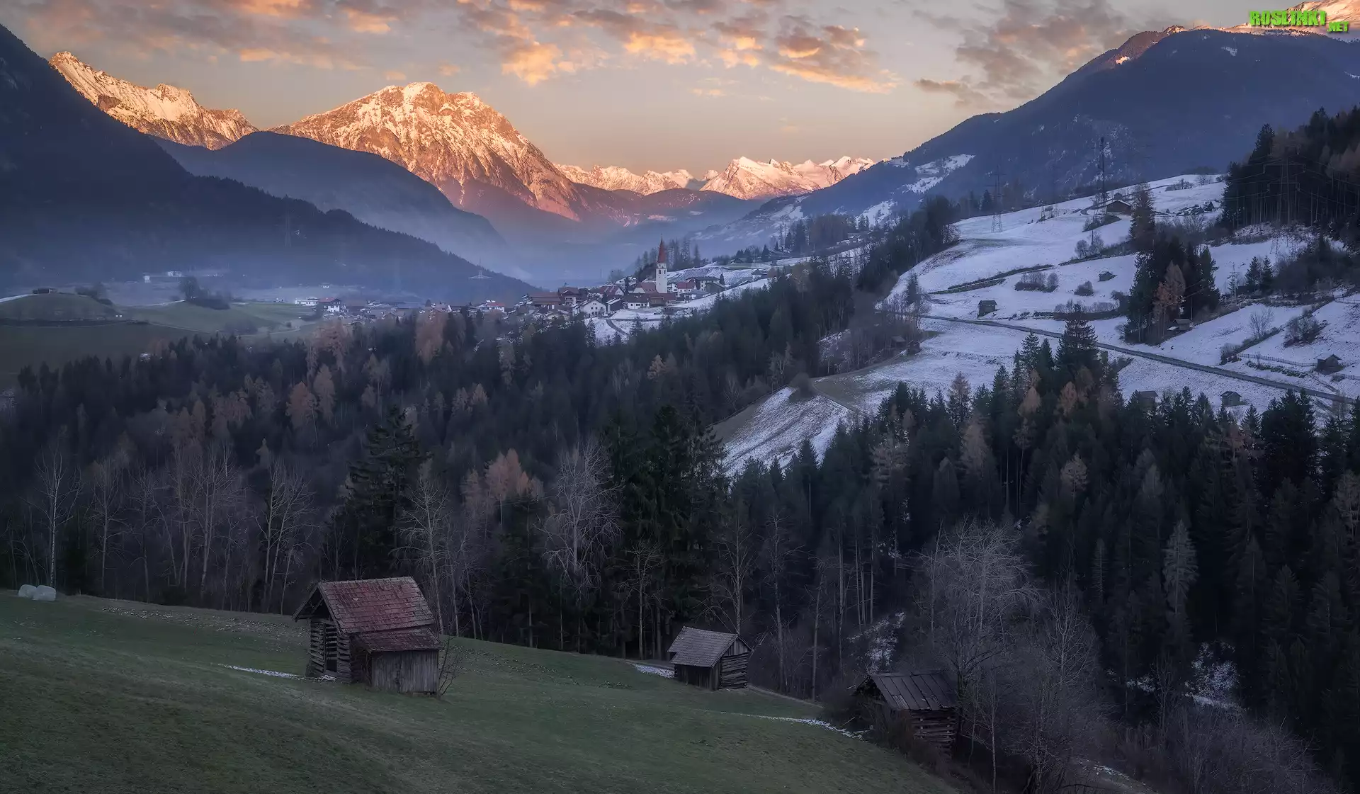 Góry, Alpy, Drzewa, Domy, Śnieg, Gmina Arzl im Pitztal, Austria