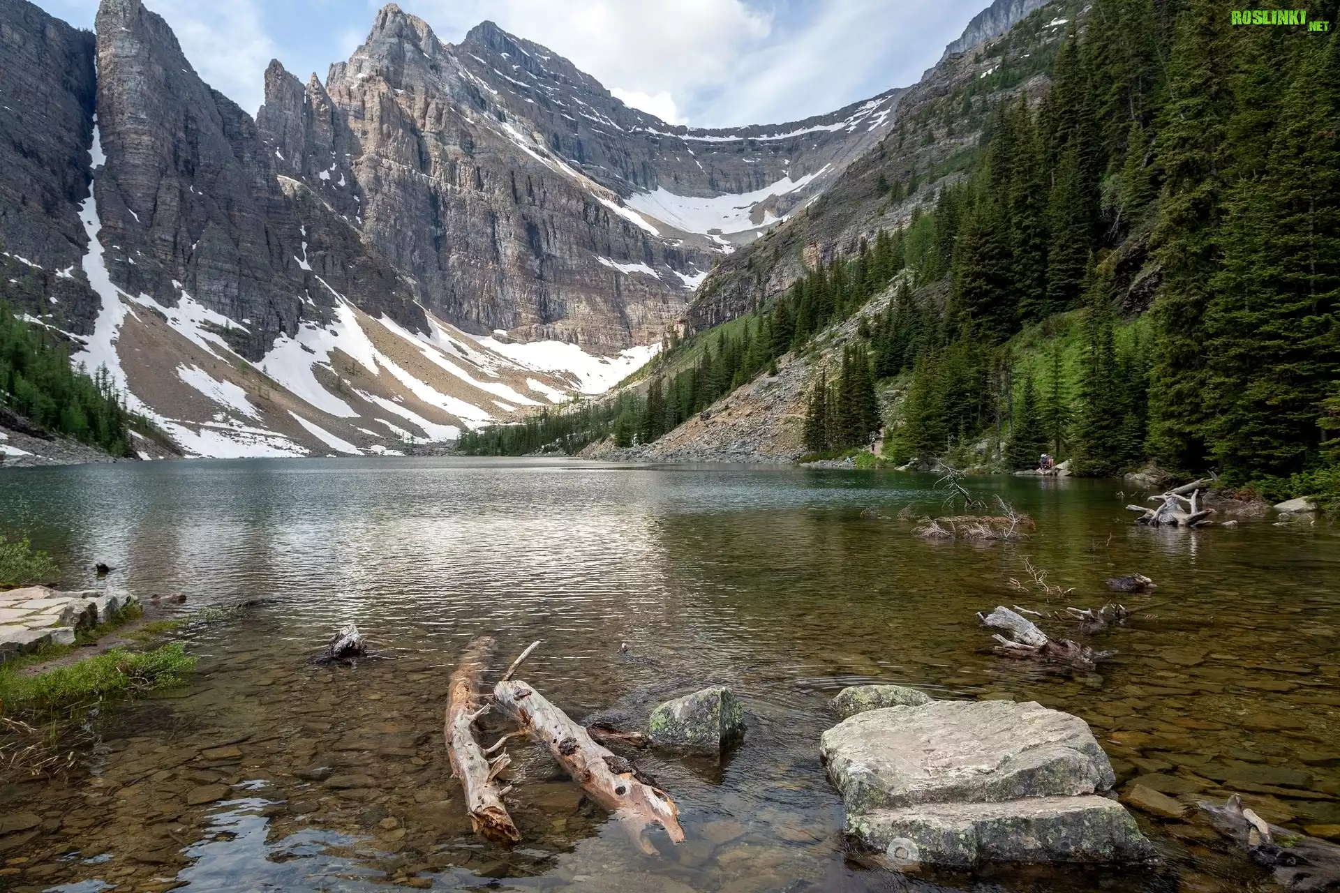 Góry, Jezioro Agnes, Park Narodowy Banff, Drzewa, Kamienie, ¦nieg, Prowincja Alberta, Kanada