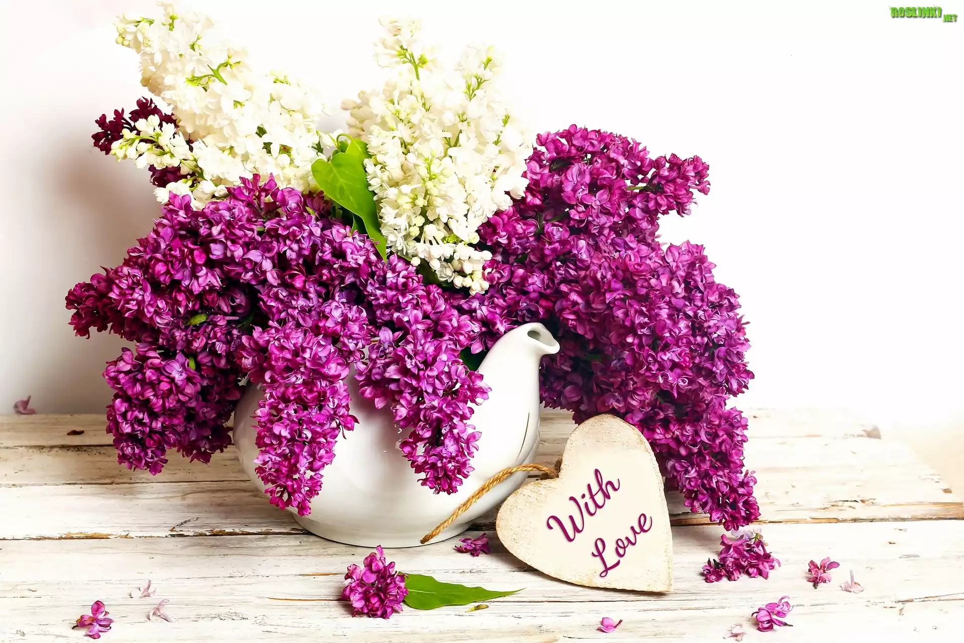 Bukiet, Bez, Imbryk, Serce, Napis, With Love