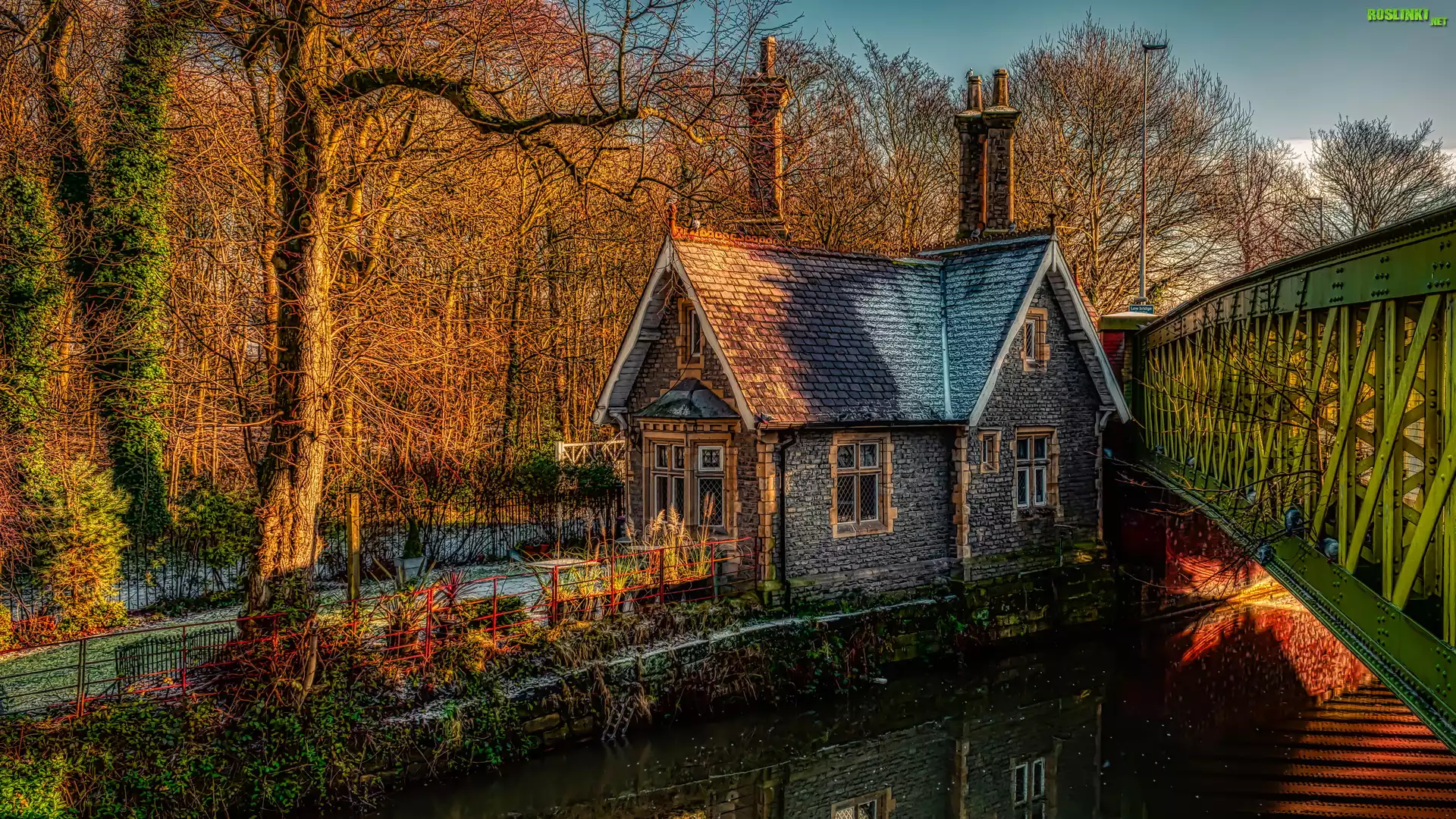 Dom, Drzewa, Most, Rzeka, Kanał, Bridgewater Canal, Barton upon Irwell, Eccles, Anglia