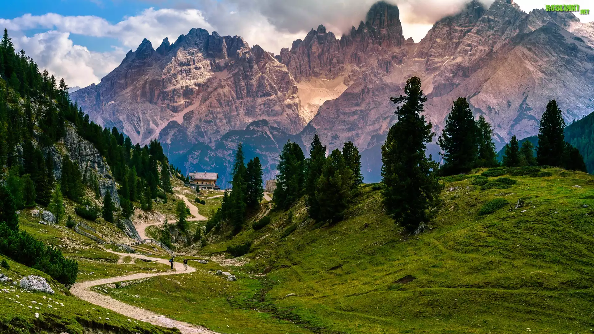 Włochy, Południowy Tyrol, Góry, Dolomity, Zielone, Wzgórza, Drzewa, Ścieżka, Chmury