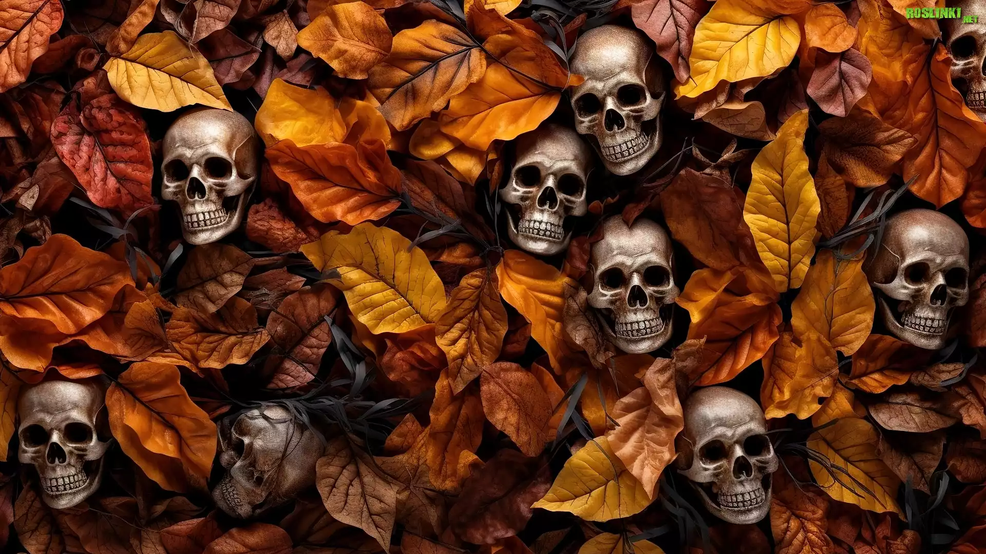 Halloween, Czaszki, Liście, Grafika AI