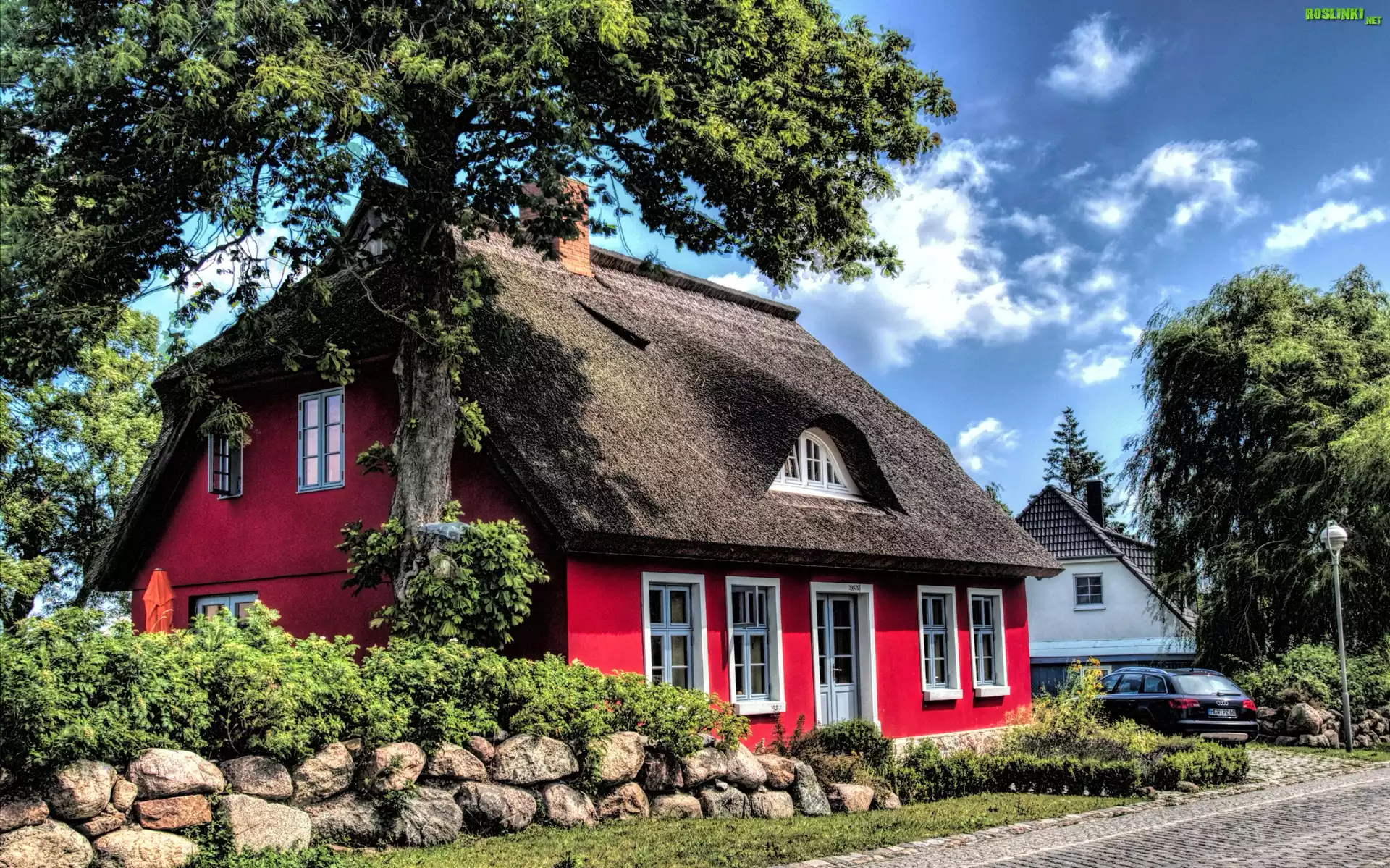 WieÅ›, Czerwony, Dom, Droga, Drzewo, Krzewy, Kamienie