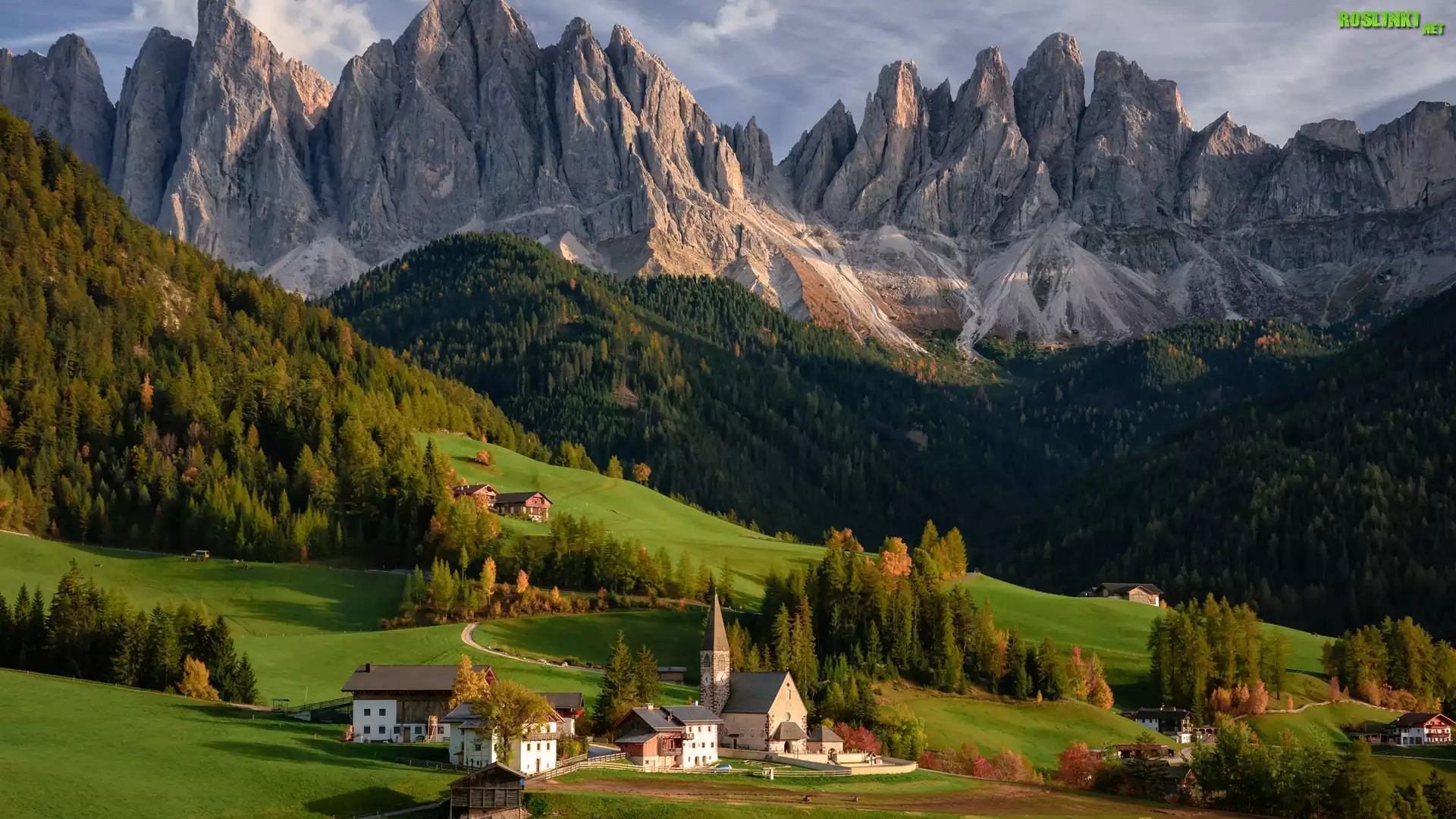 Włochy, Wieś Santa Maddalena, Dolina Val di Funes, Góry, Dolomity, Lasy, Drzewa, Domy, Kościół