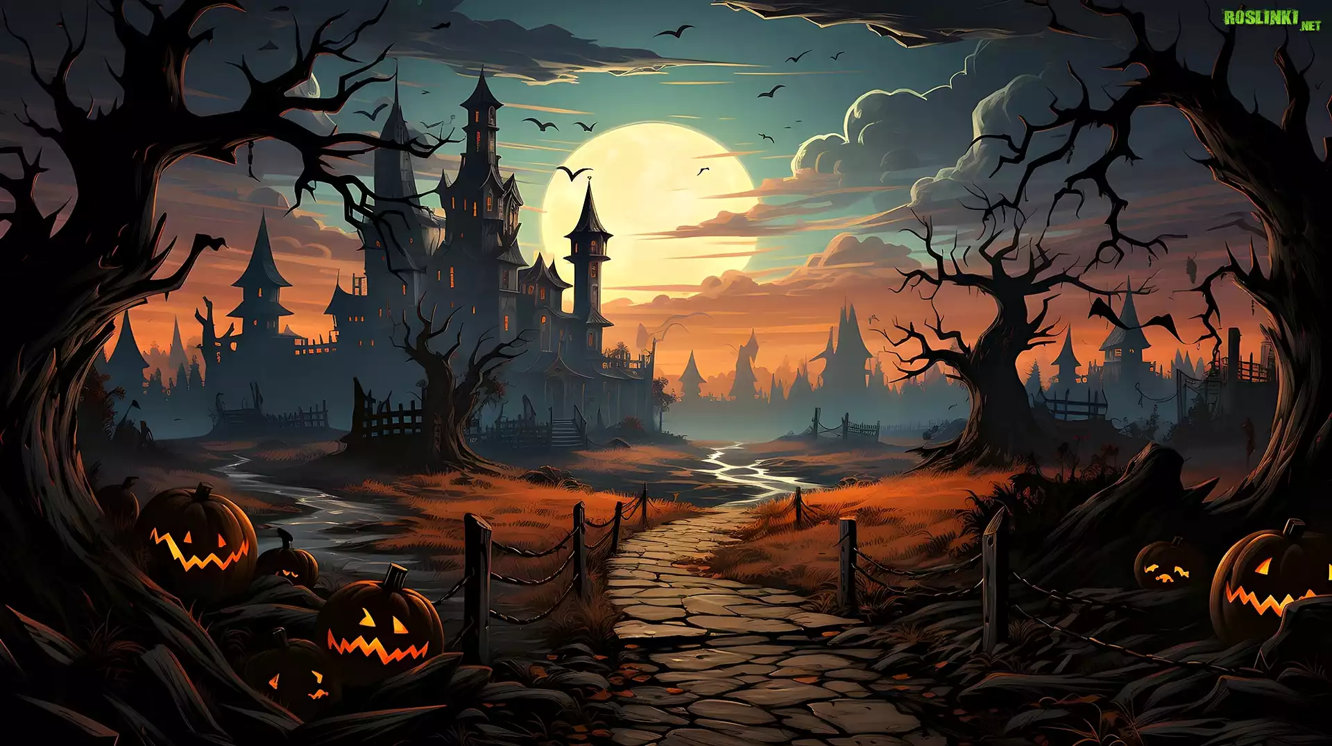 Halloween, Dynie, Droga, Drzewa, Zamek, Księżyc, Grafika
