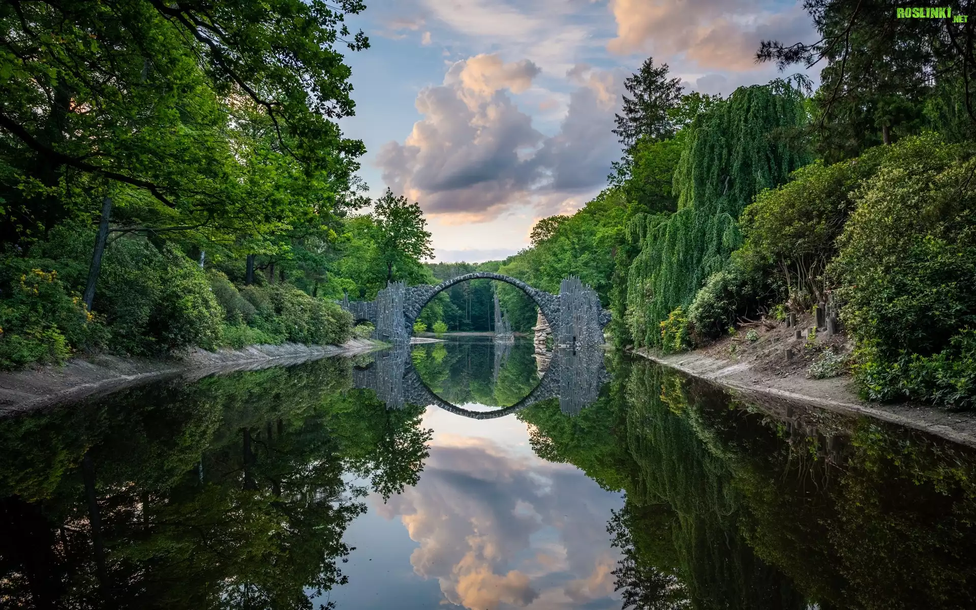 Niemcy, Park Rododendronów Kromlau, Kamienny, Most łukowy, Jezioro Rakotz, Drzewa, Chmury, Odbicie