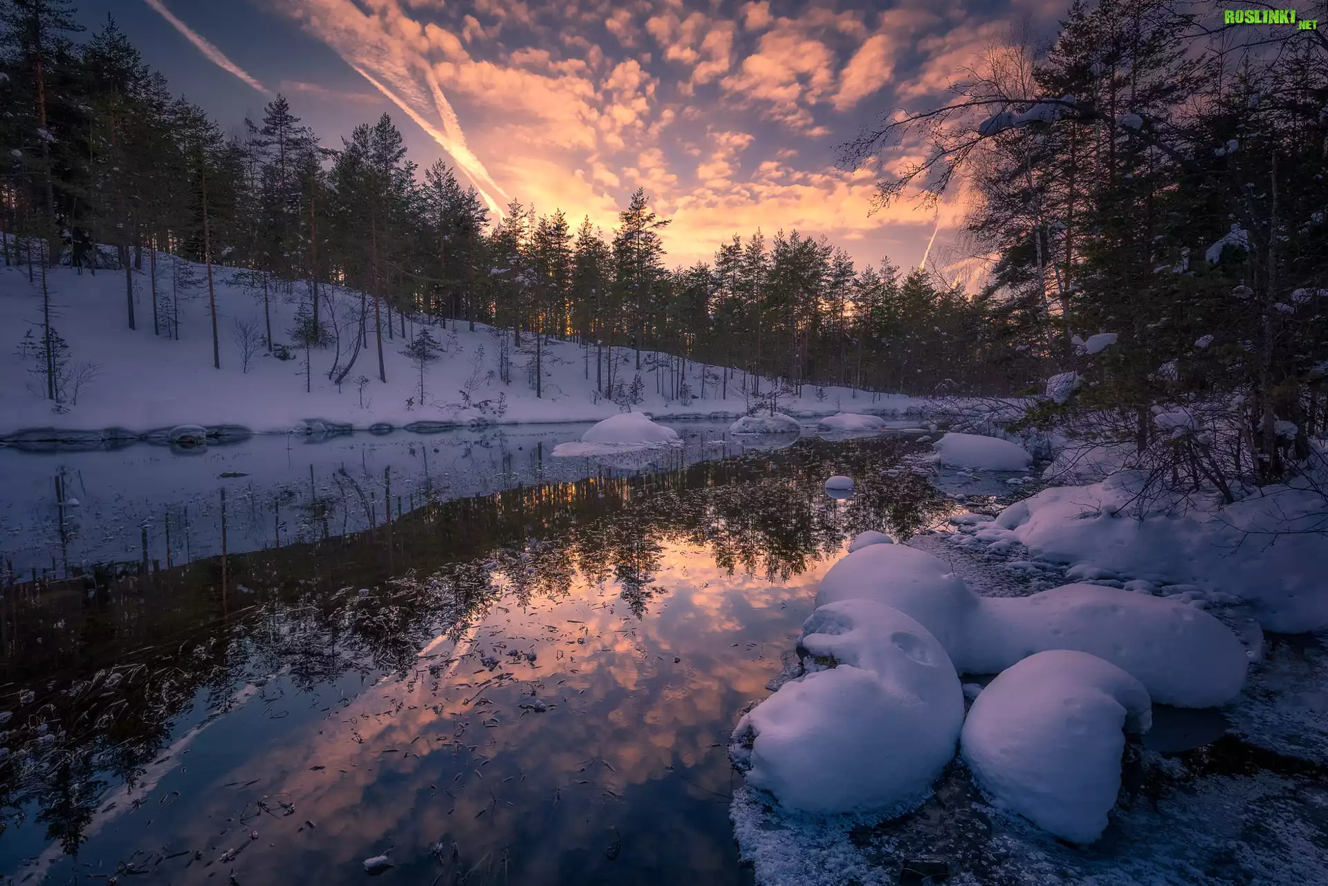 Norwegia, Gmina Ringerike, Zima, Śnieg, Zachód słońca, Jezioro, Las, Drzewa