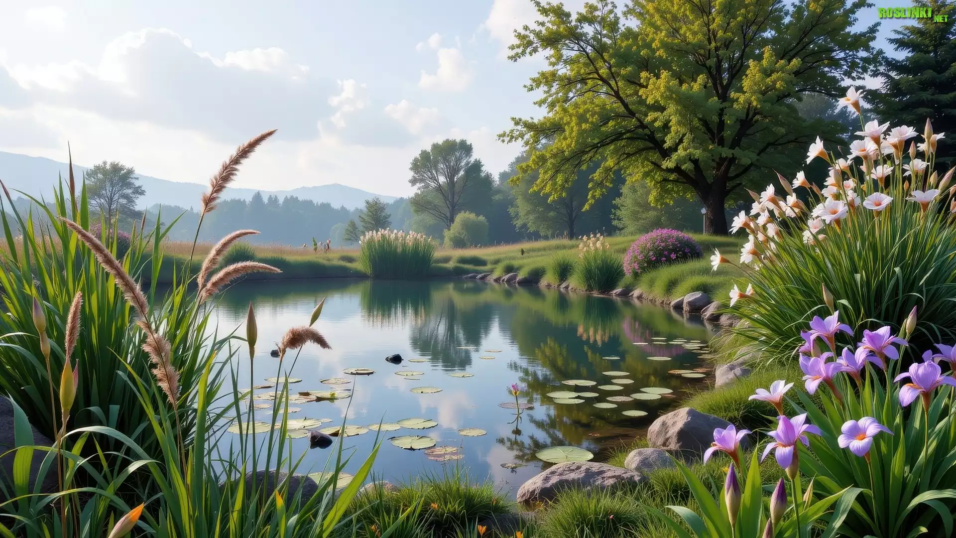 Staw, Białe, Fioletowe, Kwiaty, Kwitnące, Trawy, Drzewa, Góry