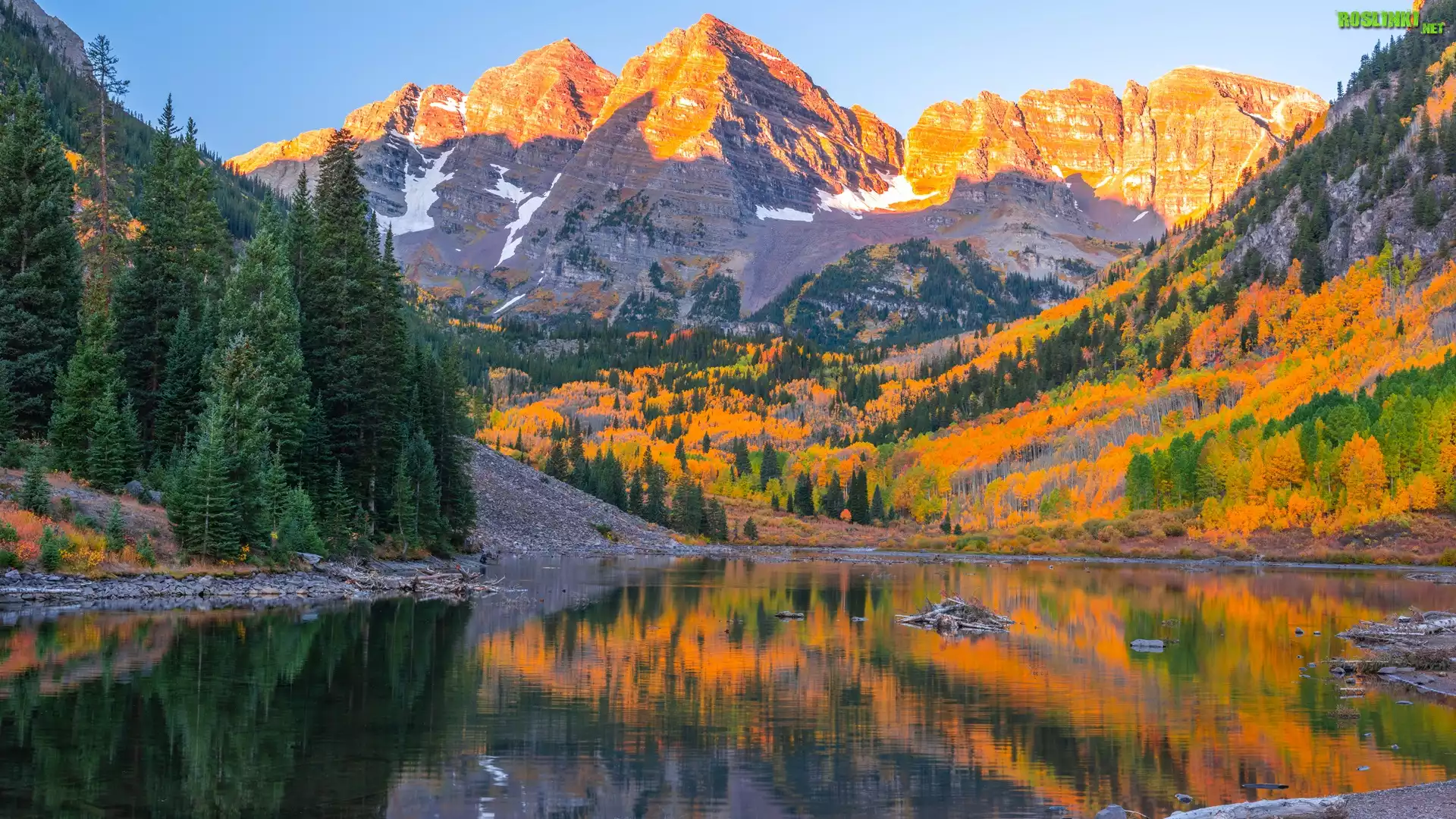 Góry Skaliste, Szczyty Maroon Bells, Jezioro Maroon Lake, Drzewa, Stan Kolorado, Stany Zjednoczone