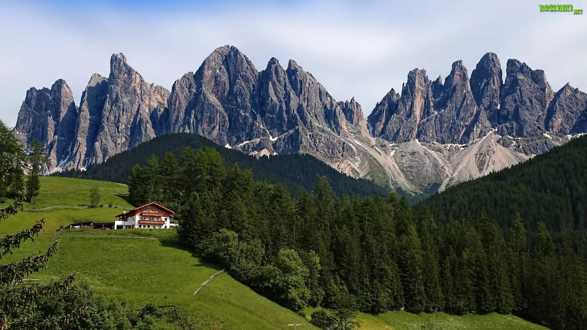 Góry, Dolomity, Drzewa, Dom, Park Przyrody Puez Odle, Włochy