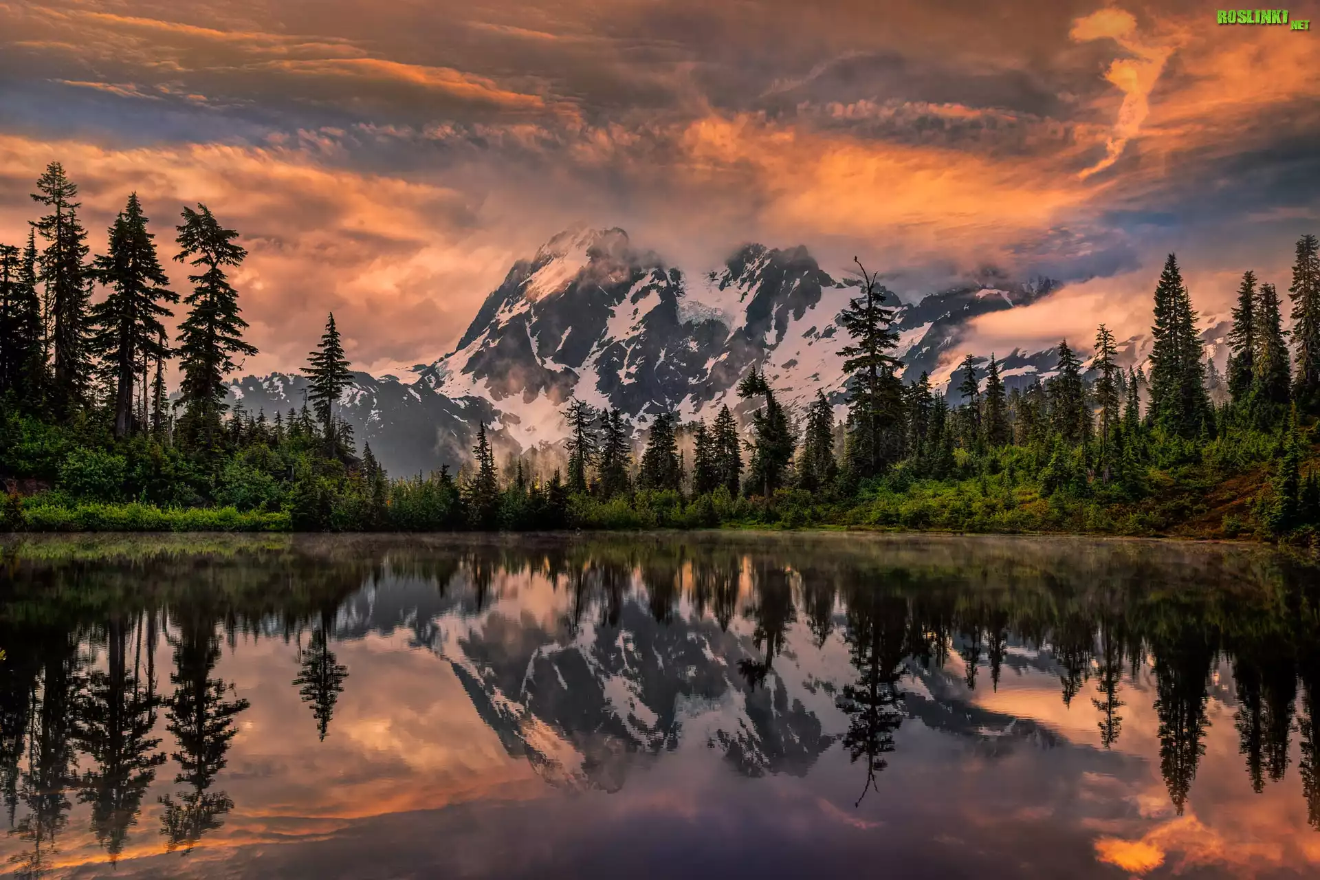 Stany Zjednoczone, Stan Waszyngton, Góry Mount Shuksan, Las, Drzewa, Jezioro Picture, Wschód słońca, Chmury
