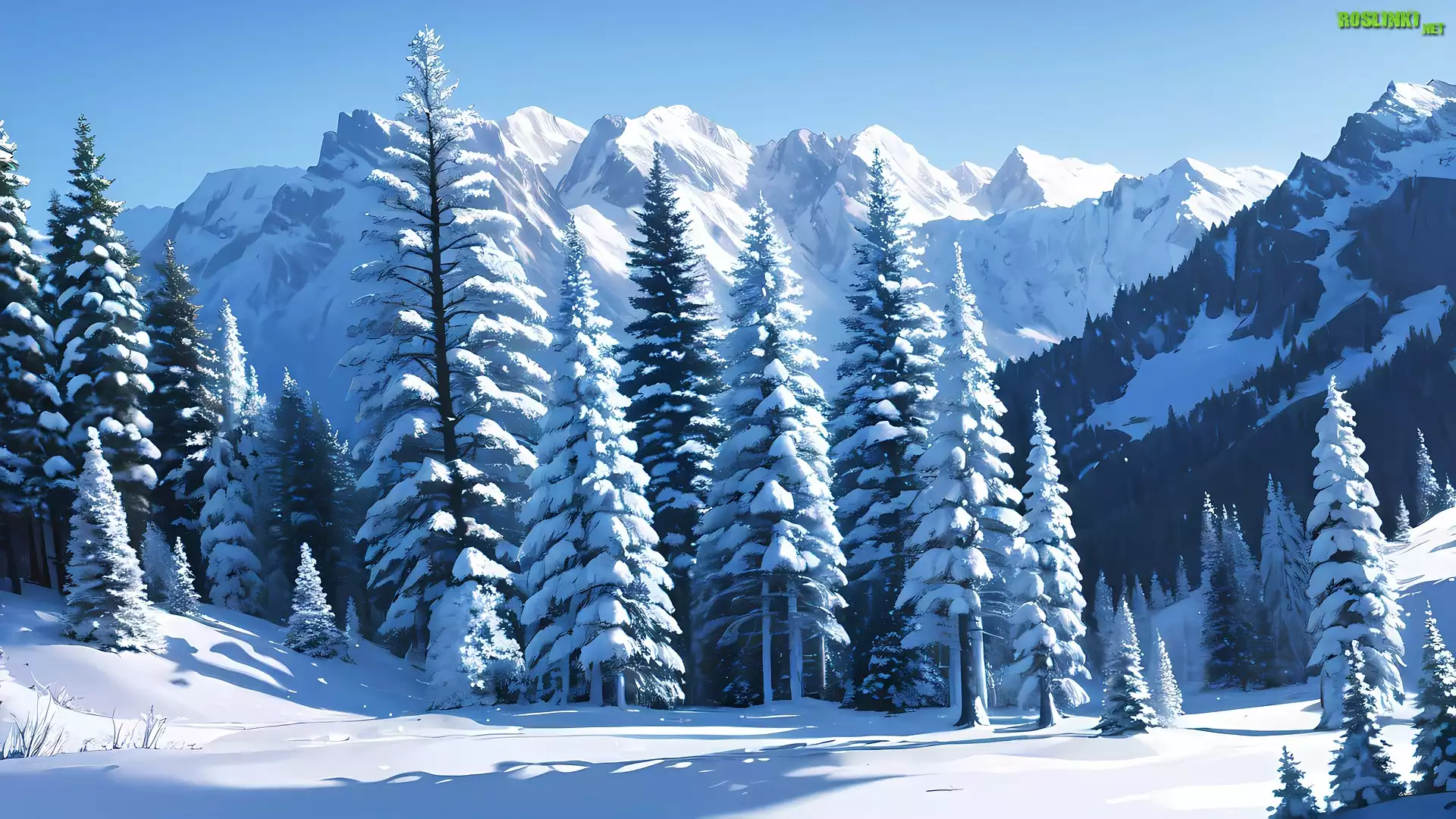 Zima, Góry, Las, Drzewa, Śnieg, Promienie słońca, Grafika