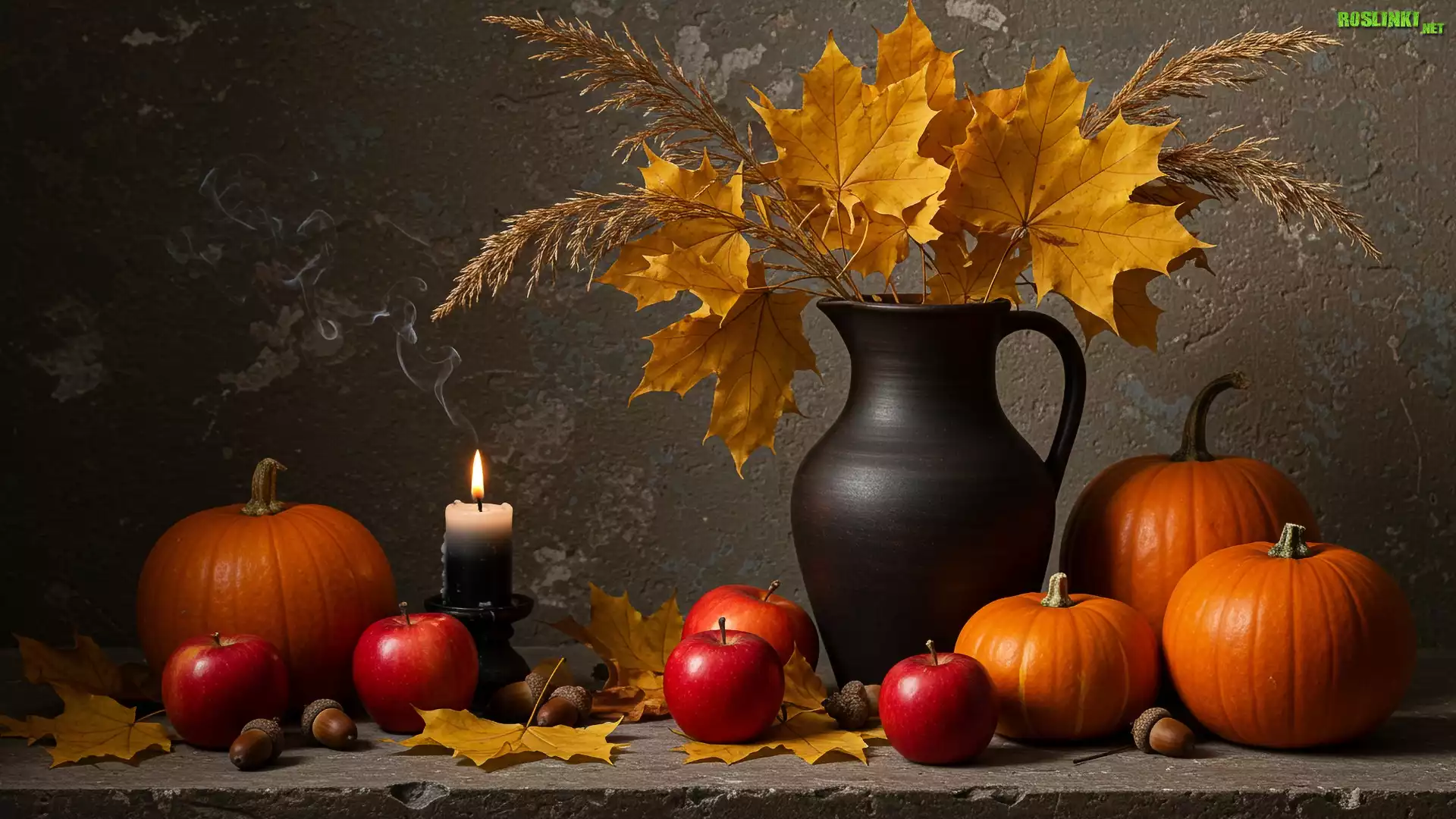 Kompozycja, Dzbanek, Liście, Jabłka, Dynie, Świeca