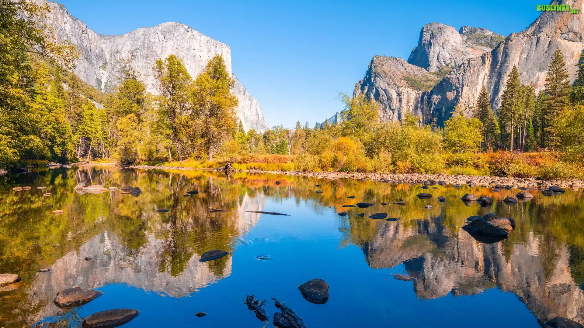 Jesień, Góry, Sierra Nevada, Rzeka, Merced River, Drzewa, Odbicie, Park Narodowy Yosemite, Kalifornia, Stany Zjednoczone