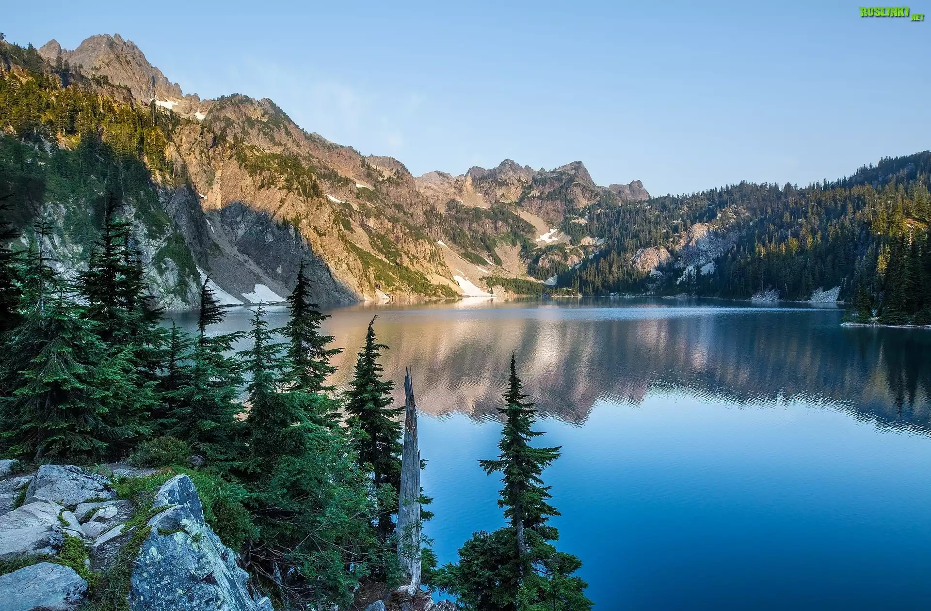 Jezioro Snow Lake, Góry Kaskadowe, Przełęcz Snoqualmie Pass, Świerki, Kamienie, Hrabstwo King, Stan Waszyngton, Stany Zjednoczone