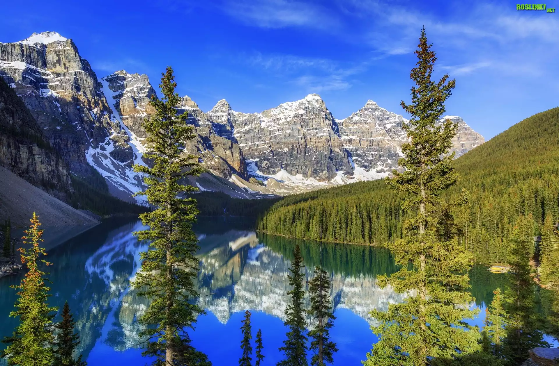 Kanada, Prowincja Alberta, Park Narodowy Banff, Dolina Valley of the Ten Peaks, Jezioro Moraine, Góry, Rzeka, ¦wierki, Odbicie