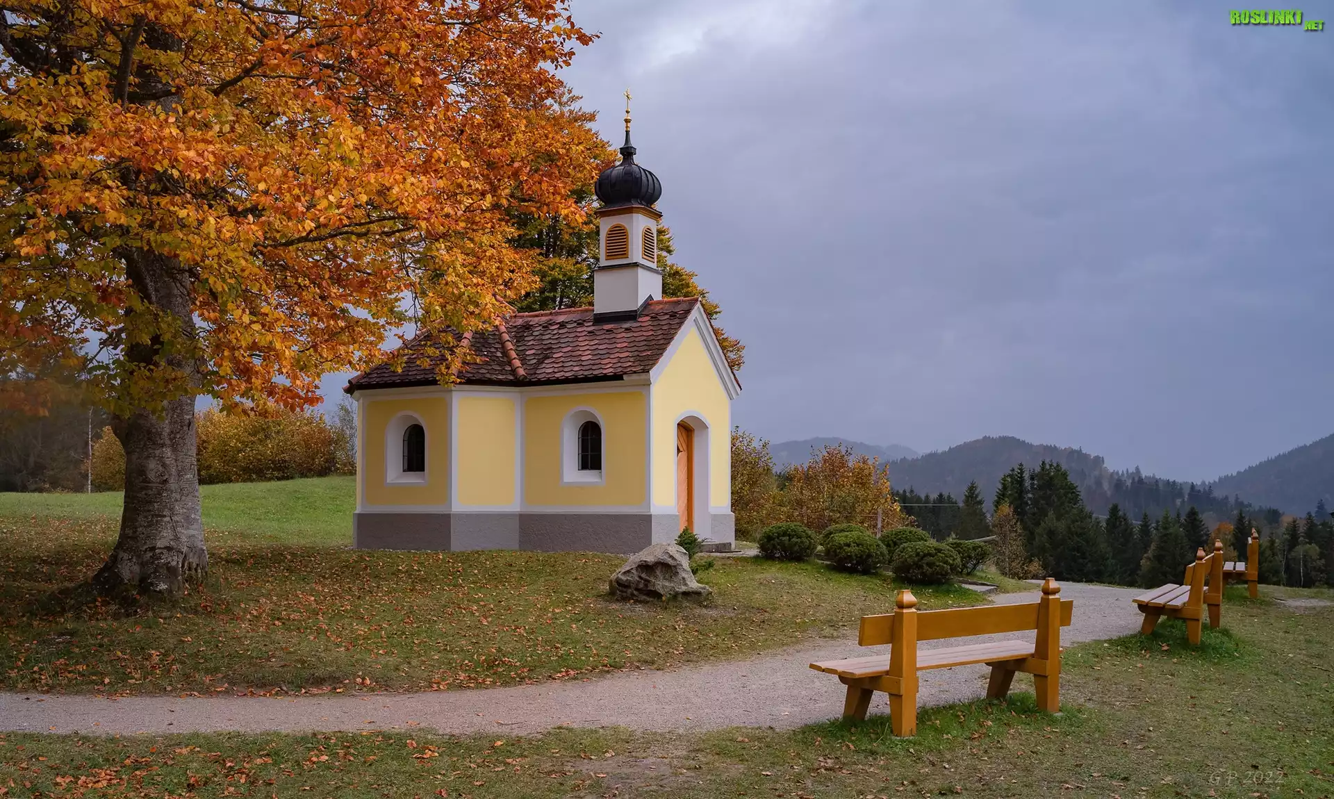 Kaplica, Maria Rast, Drzewo, Ławki, Góry, Krun, Bawaria, Niemcy