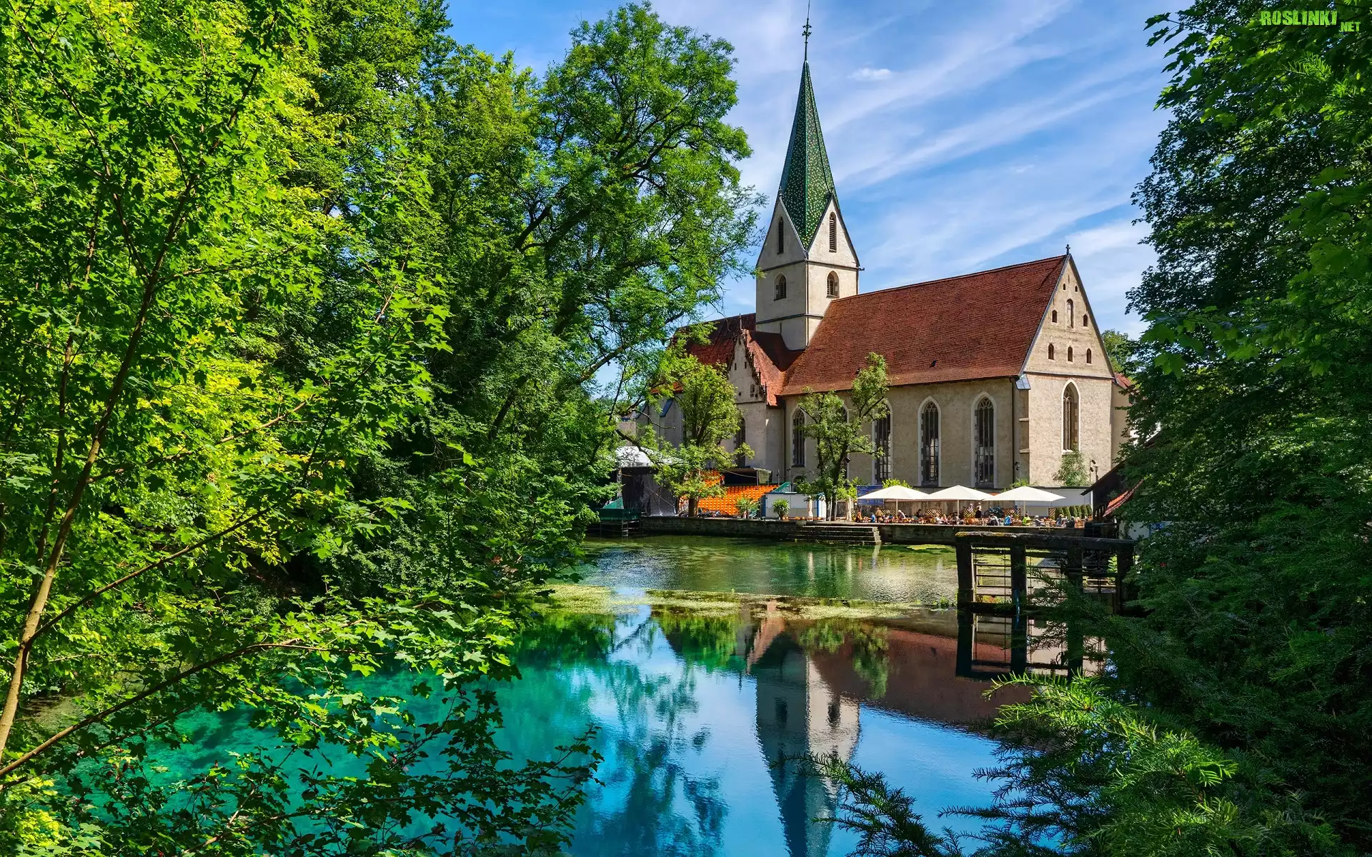 Kościół, Klasztor, Staw, Drzewa, Blaubeuren, Badenia-Wirtembergia, Niemcy