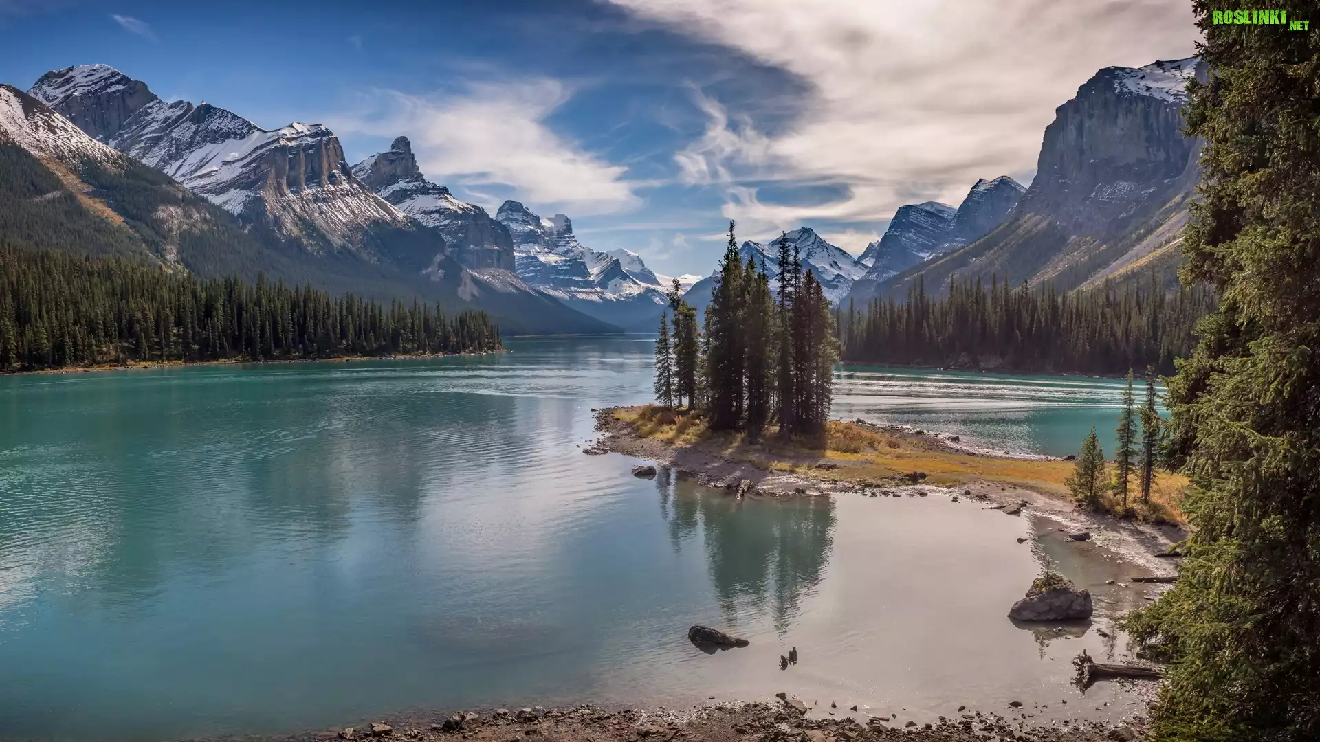 Park Narodowy Jasper, Jezioro, Maligne Lake, Góry, Drzewa, Lasy, Chmury, Alberta, Kanada