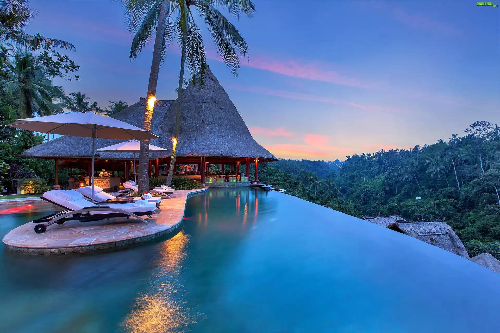 Indonezja, Wyspa Bali, Hotel, Leżaki, Dżungla, Zachód słońca, Wakacje