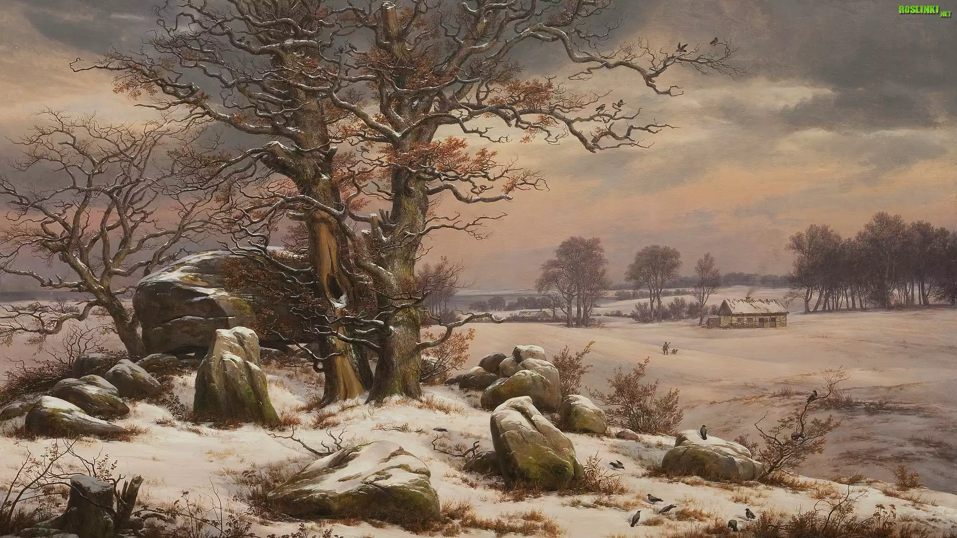 Malarstwo, Obraz, Johan Christian Clausen Dahl, Zima, Drzewa, Kamienie, Pole, Ptaki, Mężczyzna, Pies