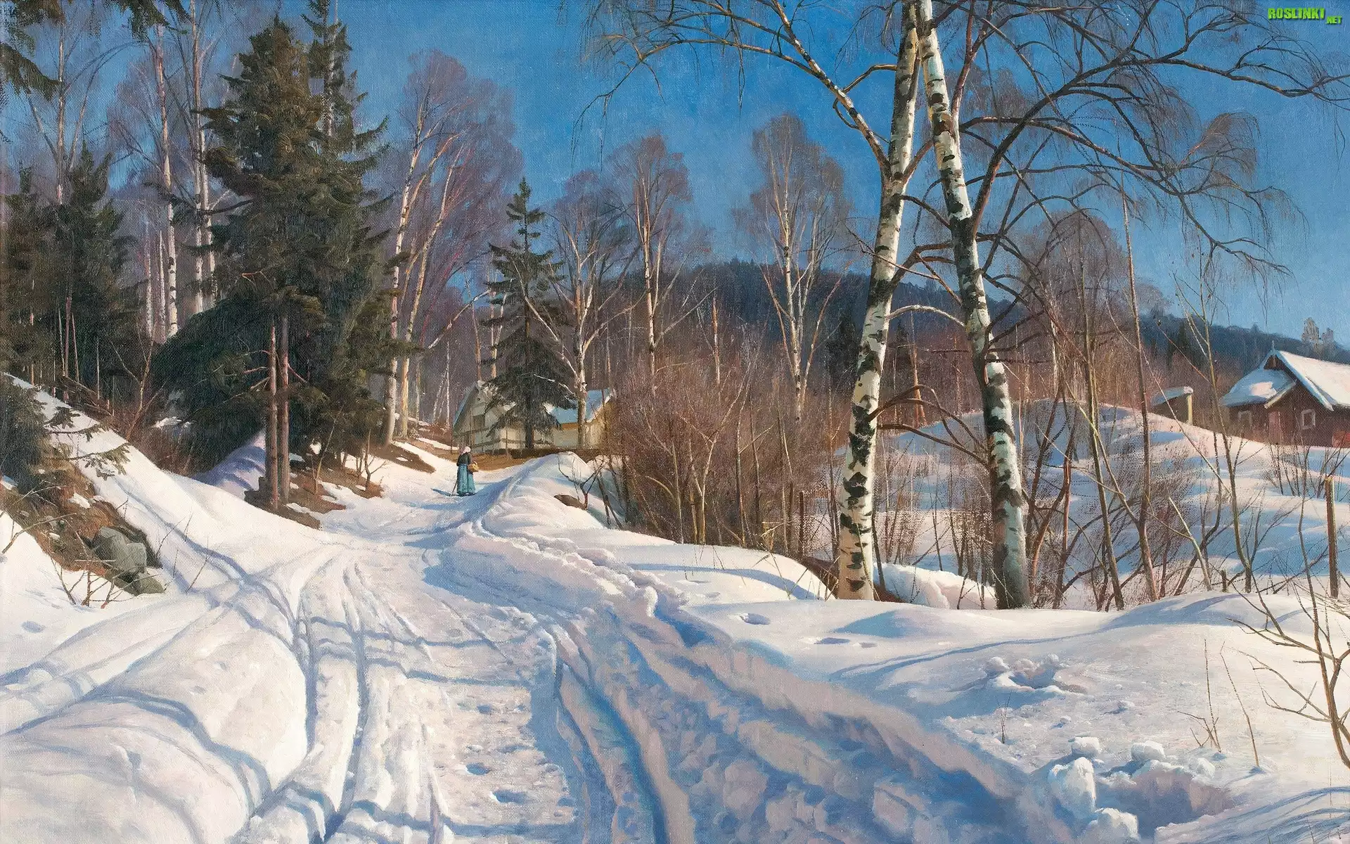 Malarstwo, Obraz, Duński, Malarz, Peder Mork Monsted, Zima, Wiejska, Droga, Staruszka, Drzewa, Domy
