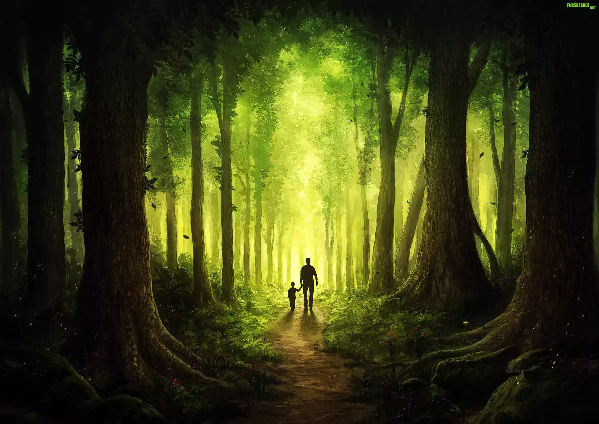 Las, Droga, Mgła, Mężczyzna, Dziecko, Drzewa, Grafika
