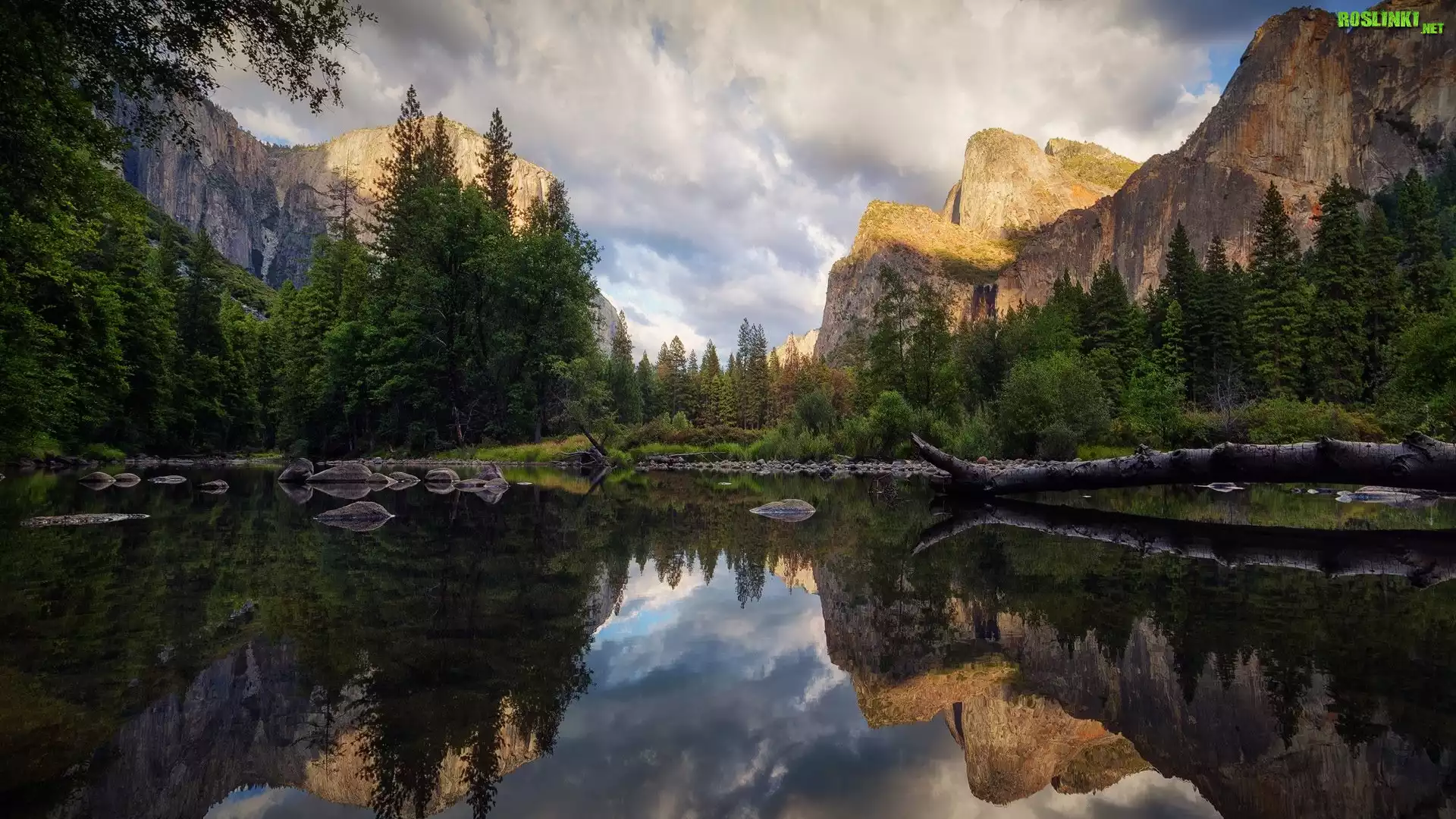Stany Zjednoczone, Kalifornia, Park Narodowy Yosemite, Góry, Sierra Nevada, Rzeka, Merced River, Drzewa, Chmury