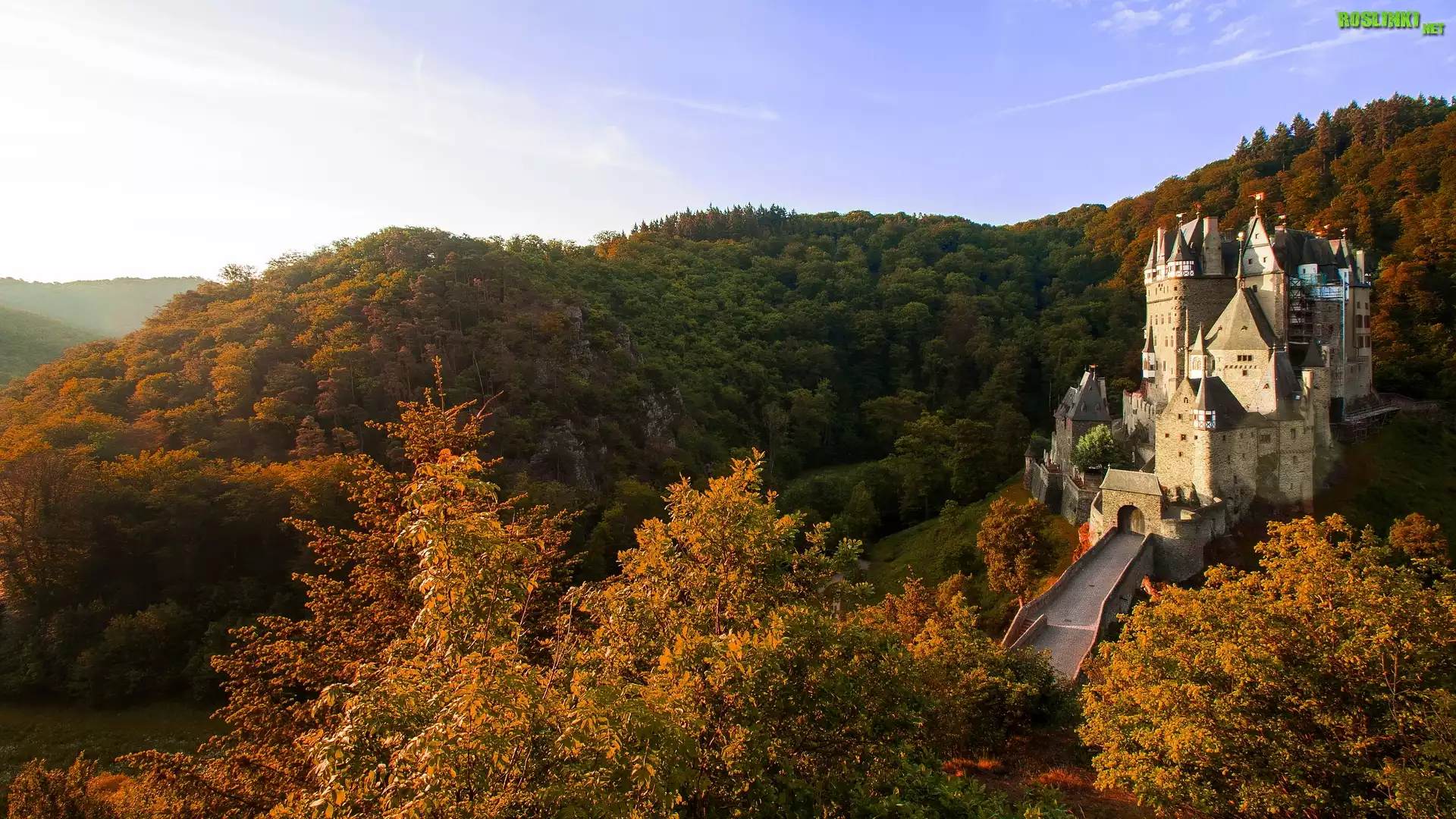 Góry Eifel, Zamek Eltz, Jesień, Las, Drzewa, Gmina Wierschem, Niemcy