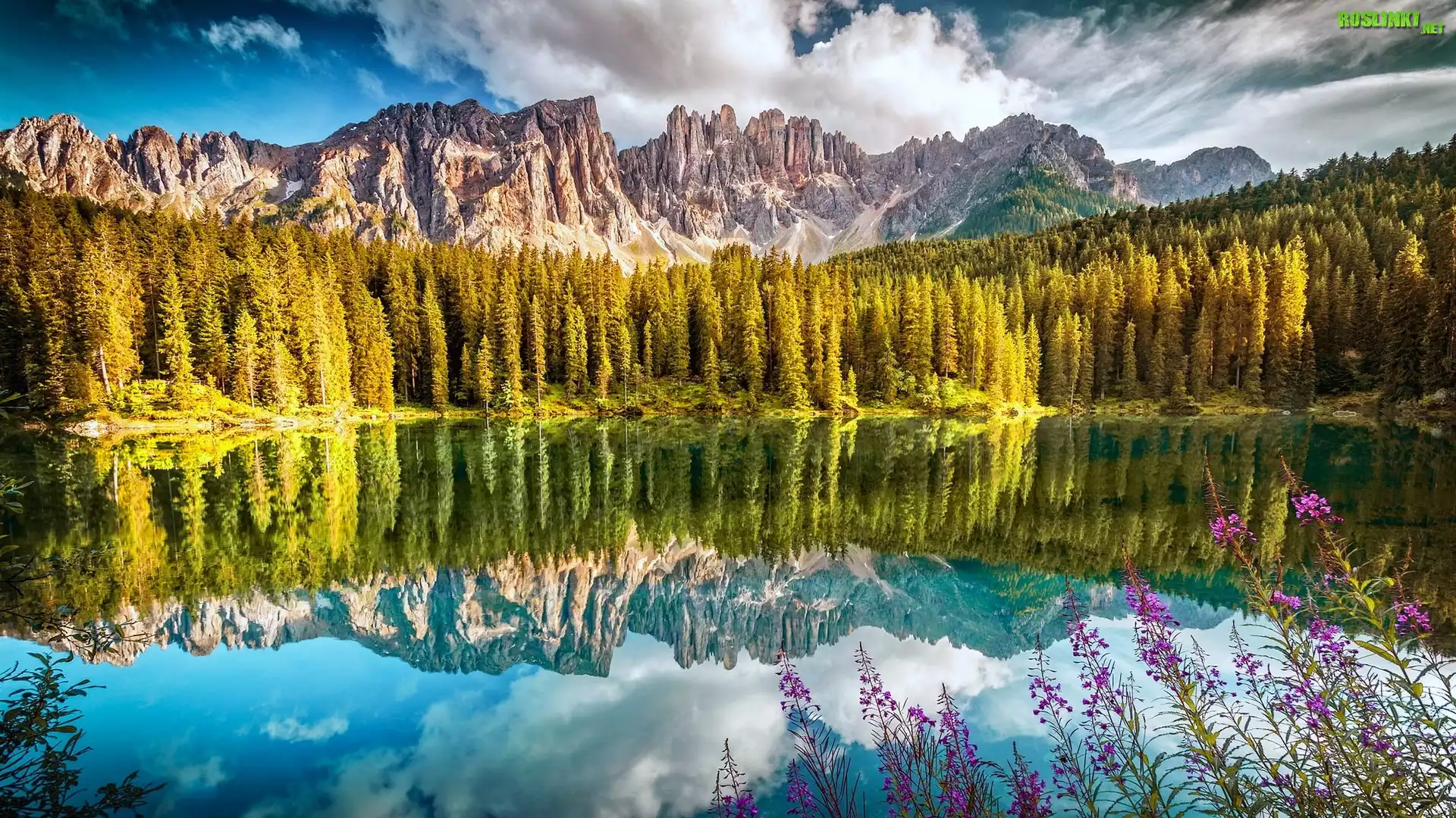 Włochy, Góry, Dolomity, Jezioro Karersee, Las, Drzewa, Chmury, Odbicie