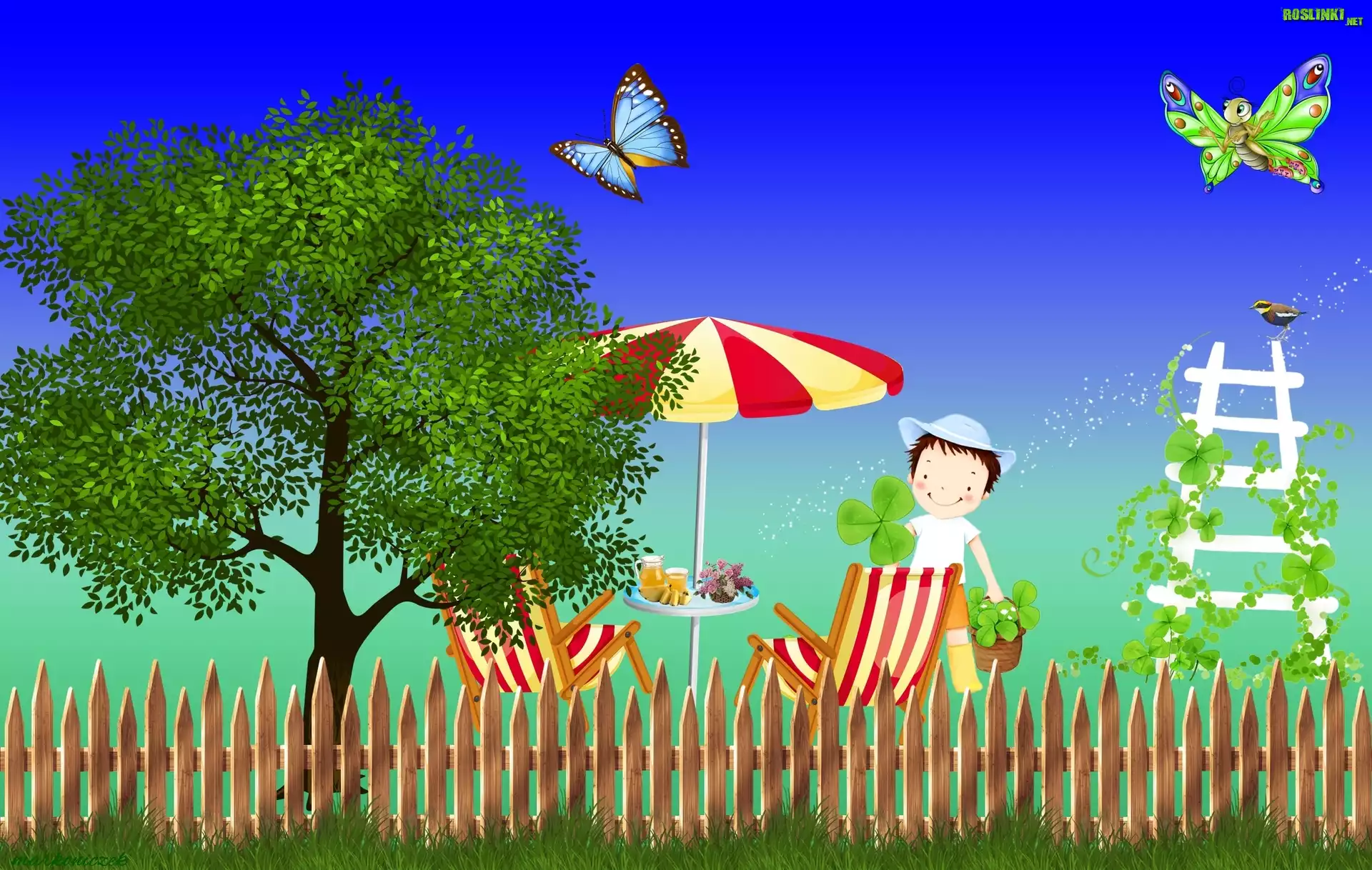 Grafika, Ogród, Drzewo, Motylki, Płot, Parasol, Stolik, Krzesła
