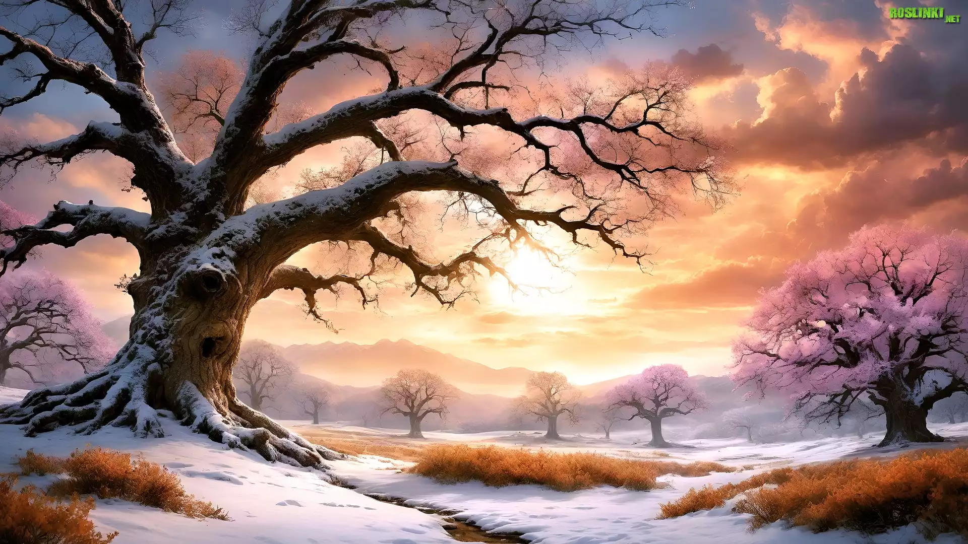 Zima, Góry, Drzewa, Wschód słońca, Mgła, Chmury, Paintography