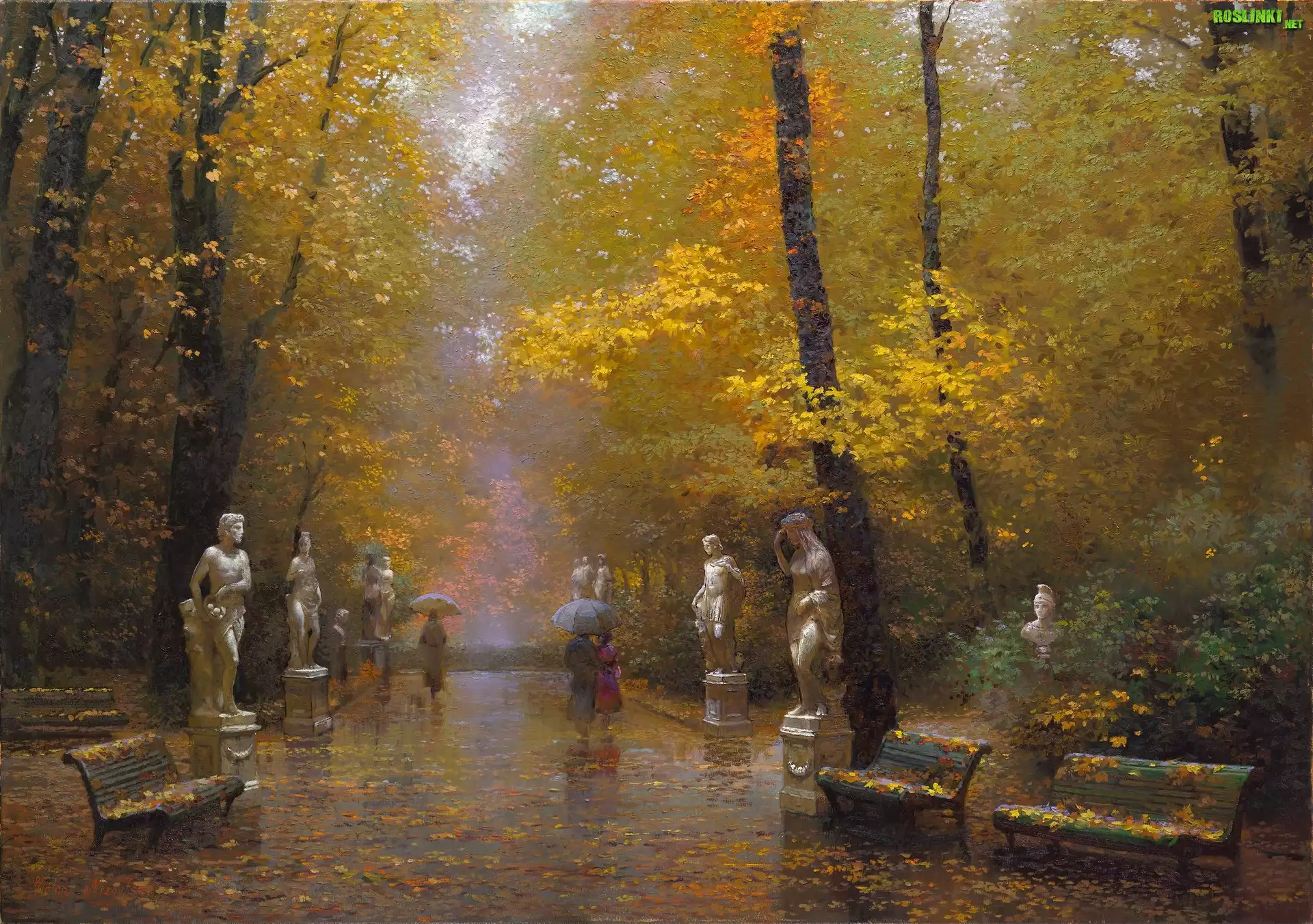 Park, PosÄ…gi, Drzewa, Aleja, Obraz