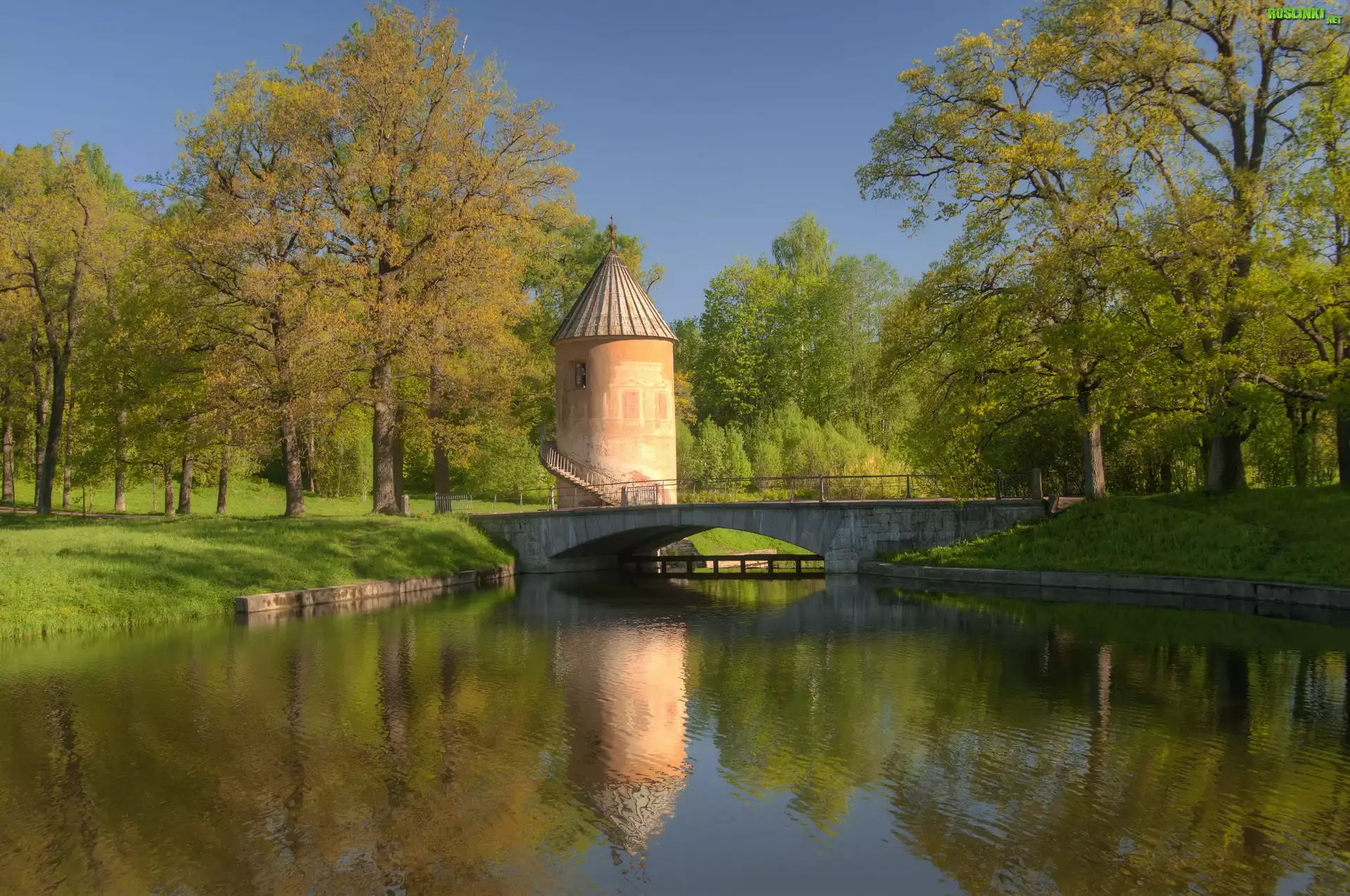 Park, Rzeka, Mostek, Drzewa