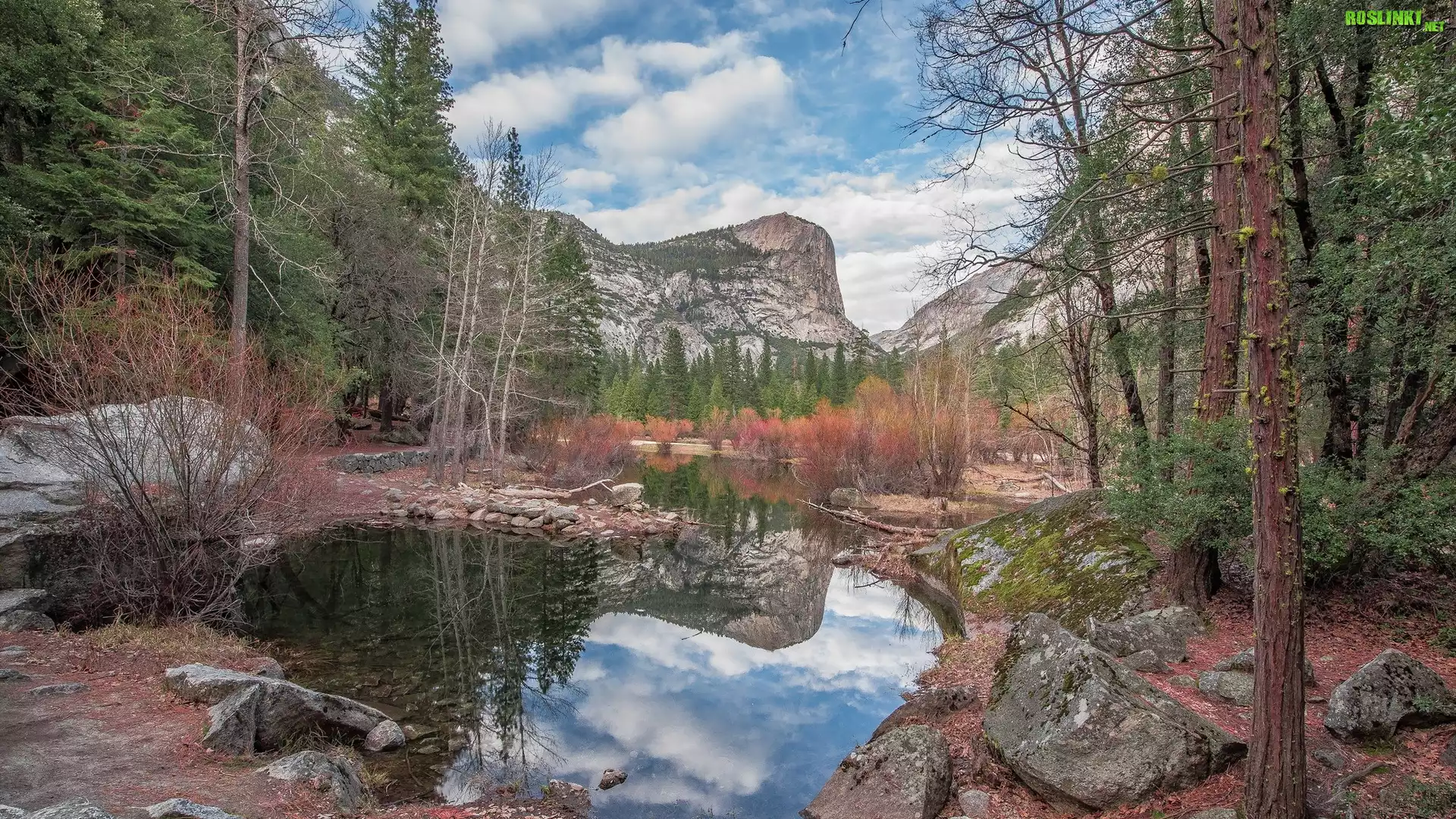 Park Narodowy Yosemite, Góry, Szczyt Half Dome, Skały, Drzewa, Jezioro Mirror Lake, Stan Kalifornia, Stany Zjednoczone