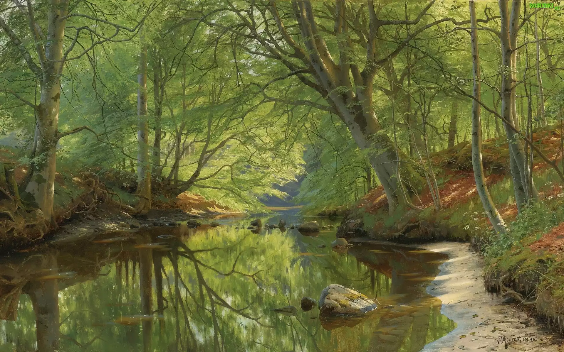 Peder Monsted, Malarstwo, Drzewa, Las, Rzeka