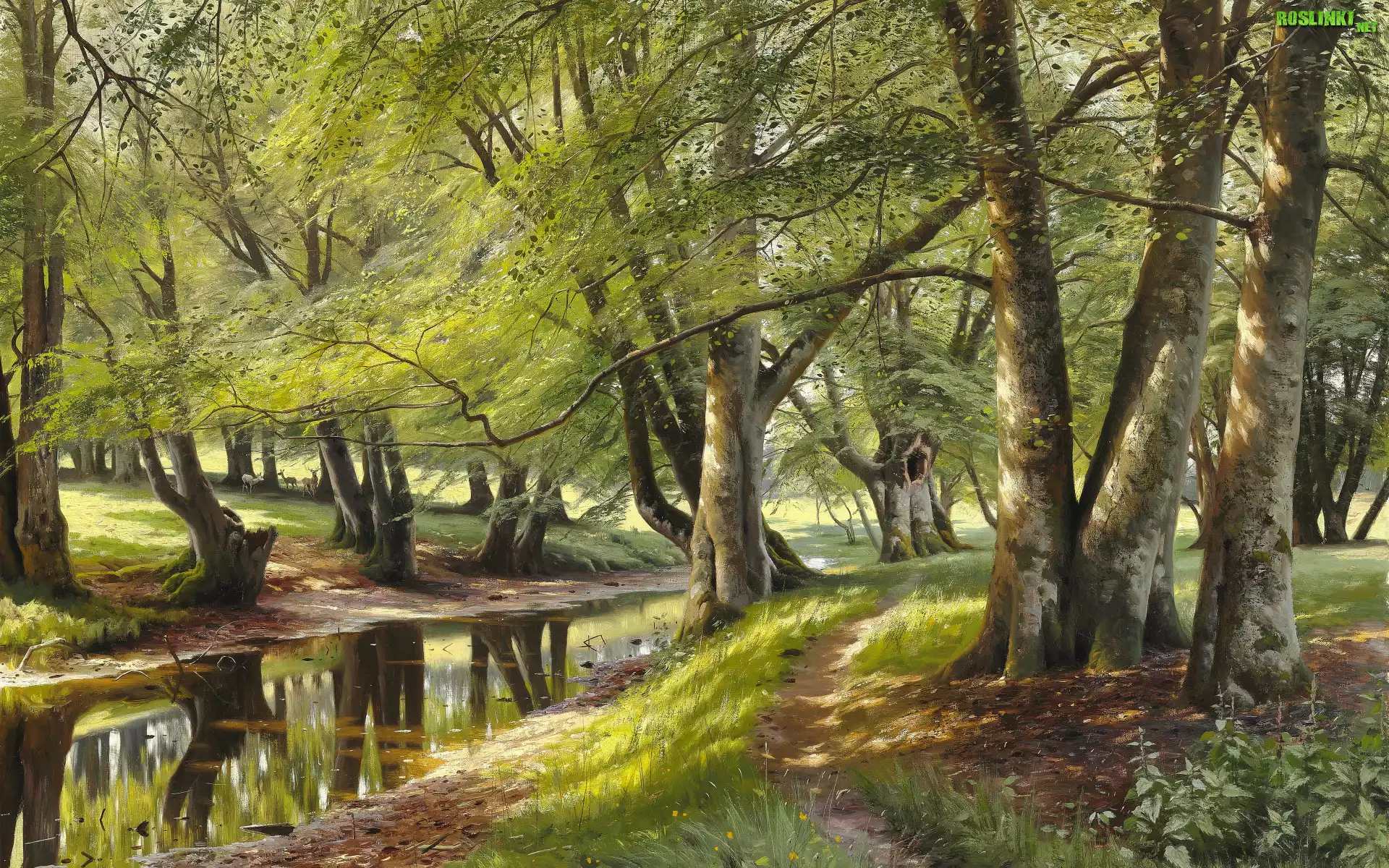 Malarstwo, Peder Monsted, Las, Drzewa, Rzeka, Sarny