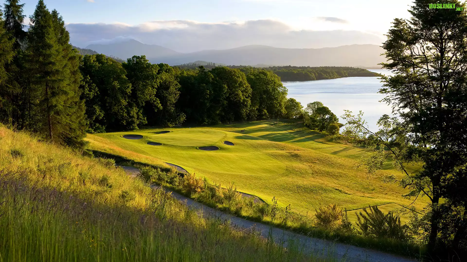 Pole golfowe, Cameron House Golf Course, Drzewa, Lasy, Jezioro Loch Lomond, Trawa, Wschód słońca, Szkocja